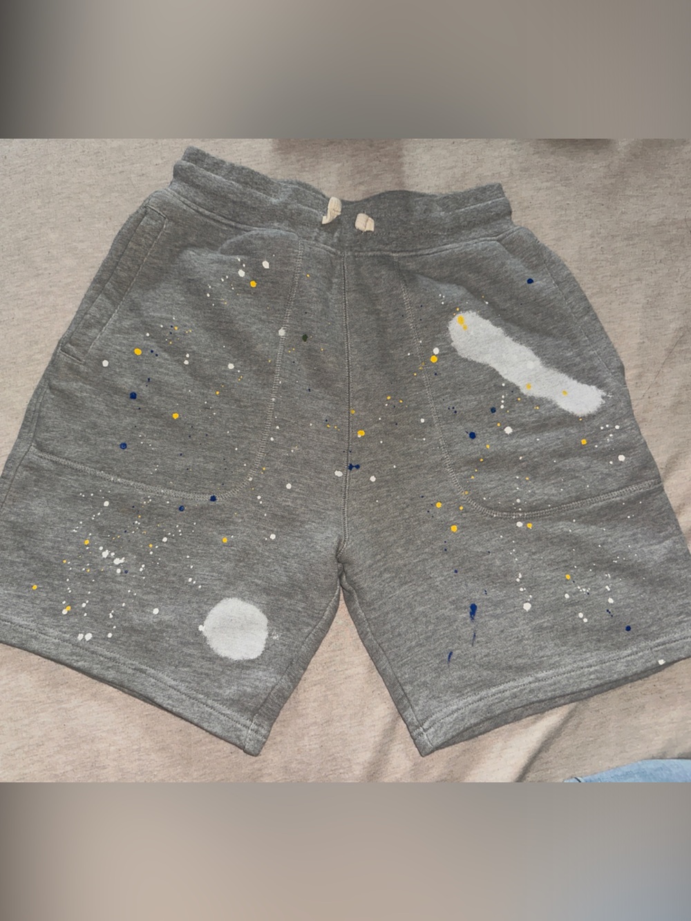 Zara Gray Paint-Splatter Knit Shorts with White Patch and Yellow & Blue Dots